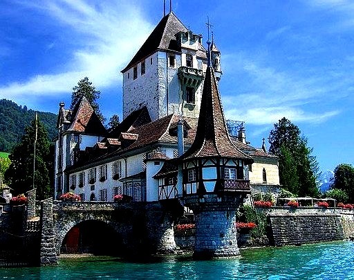 Castle in Spiez on the shores of Lake Thun near Interlaken, Switzerland