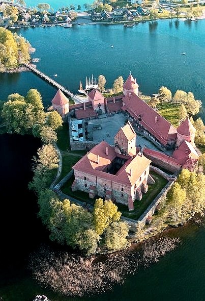 Aerial view of Trakai Island Castle on Lake Galve, Lithuania