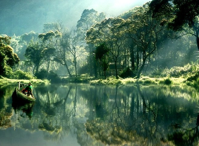 Morning reflections at Situ Gunung Lake, Java, Indonesia.