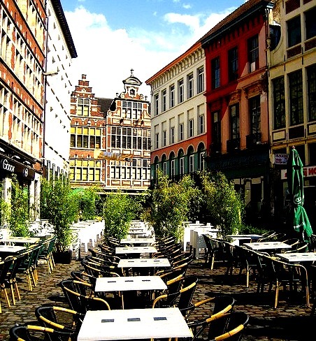 Buildings and cafe on Hoolaard street in Ghent, Belgium