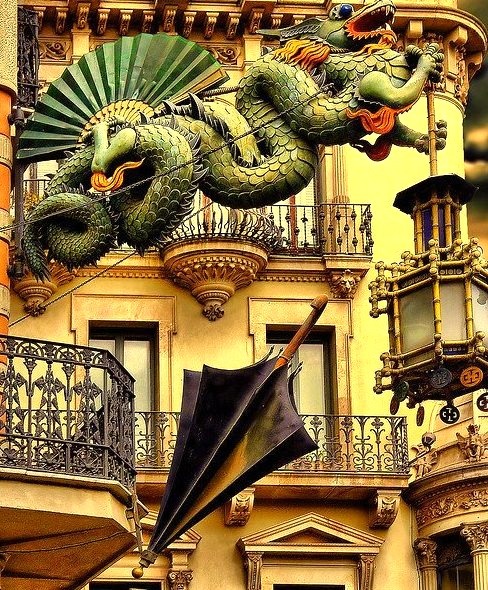 Architectural details on La Rambla street, Barcelona, Spain