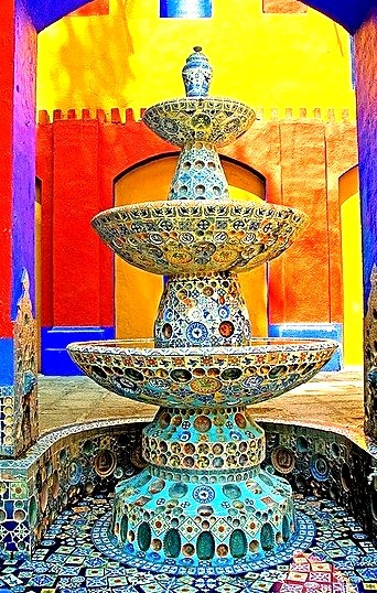 Colorful fountain at Ex-Hacienda de Chautla in Puebla, Mexico
